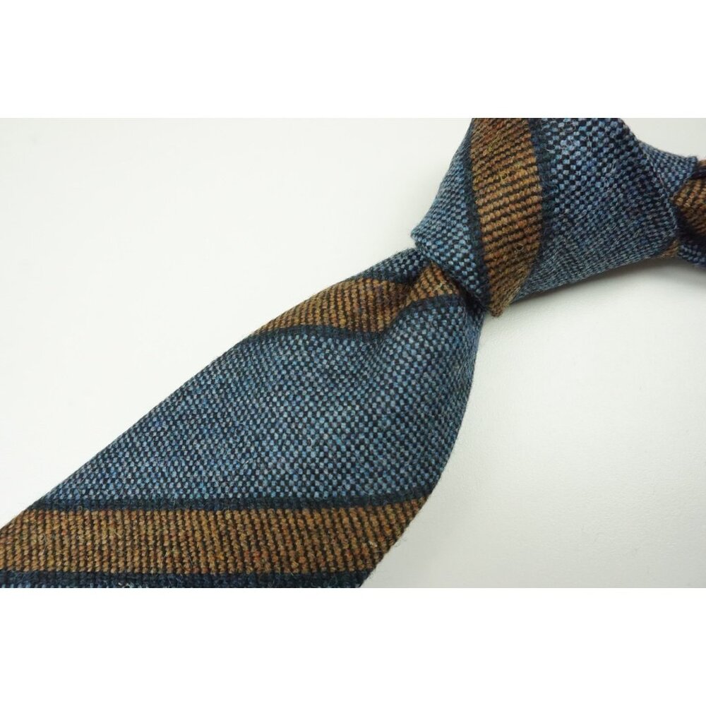 Cesare Attolini Denim Blue Peanut Brown Striped Woven Wool Tie BRAND NEW